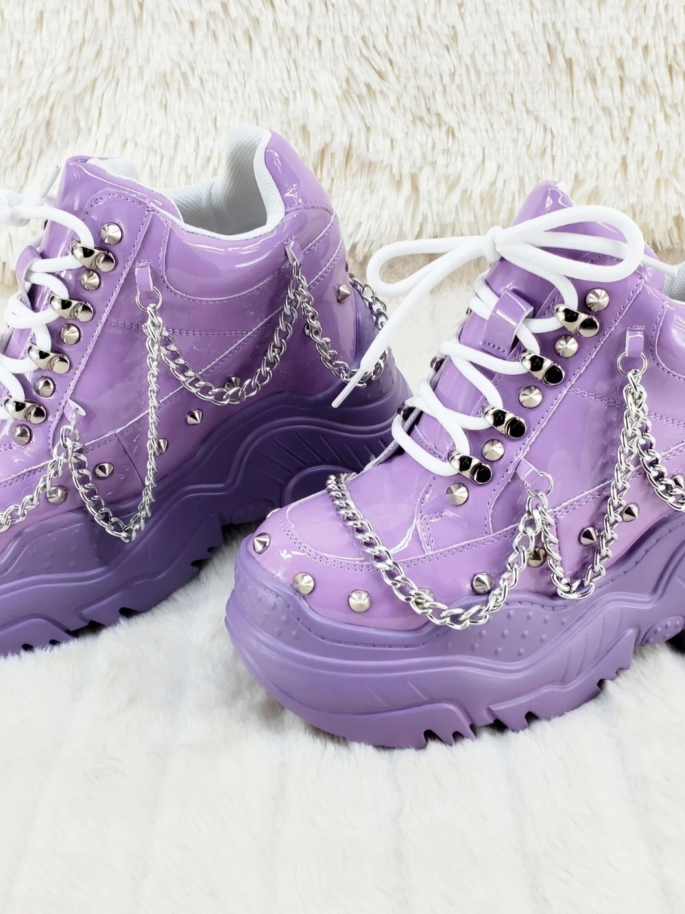 WTF By Anthony Wang Lilac Patent Sneakers Chain Studded Hidden Wedge 7.5 NWOT - Picture 13 of 14